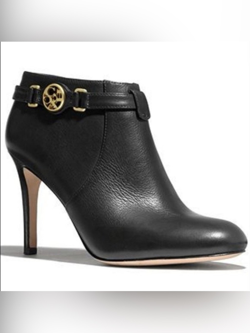 Coach salene black leather ankle heeled boots gold logo 7